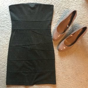Strapless Charcoal Mini Dress with Gold Stitching